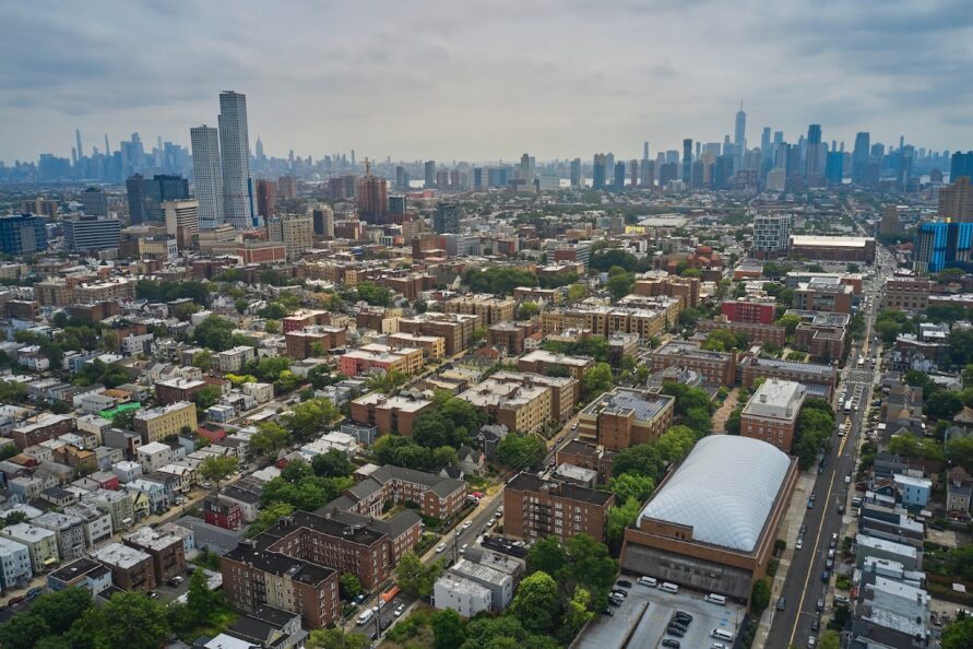 photo of the Jersey City skyline via a drone